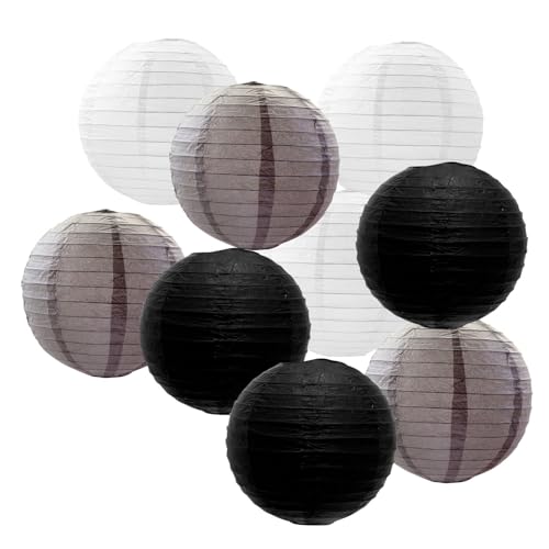 FANSU Papierlaterne Deko, Papierlaternen Set Papier Laterne Rund 9 Stück Hängend Papier Laternen Papierlampion Partydekorationen für Hochzeit Geburtstag Babyparty (Schwarz + Weiß,15cm) von FANSU