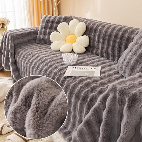 FANSU Plüsch Sofabezug 1 2 3 4 5 Sitzer, Antirutsch Winter Wärme Weich Sofaüberwurf Decke Ecksofa Couch Bezug Sofaschoner Sofa Decken Einteiliger Couch Überwürf (3 Sitzer(180x300cm,Dunkelgrau) von FANSU