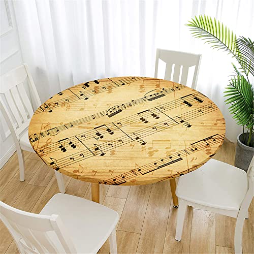 FANSU Runde Tischdecke Elastisch Abwaschbar für Draußen 3D Musik Rund Tischdecken Wasserdicht Tischdecken Lotuseffekt Tischtuch für Outdoor Garten (Beige Retro,Durchmesser 90cm) von FANSU