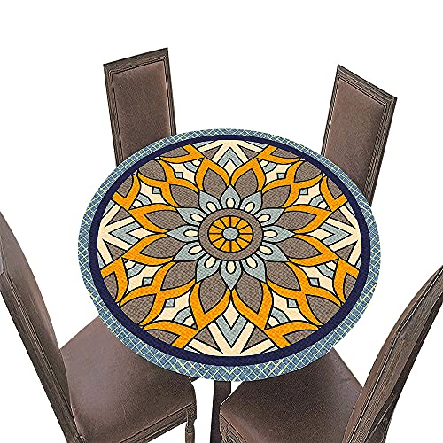 FANSU Runde Tischdecke Garten, 3D Mandala Drucken Polyester Abwaschbar Fleckschutz Tischdecken mit Elastische Kante für Küche Esszimmer Garten (Orange,Durchmesser 90cm) von FANSU