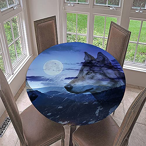FANSU Runde Tischdecke Garten Abwaschbar, 3D Wolf Motiv Serie Polyester Fleckschutz Tischdecken Größe wählbar für Haushalt Gartentisch (Durchmesser 200cm,Mond Wolf) von FANSU