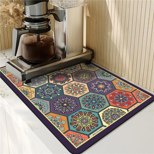 FANSU Saugfähige Abtropfmatte Geschirr, Ethnisch Stil Rutschfest Geschirrabtropfmatte Kaffeemaschine Unterlage Abtropfmatte Geschirr für Spüle Trockenmatte Küche (Hexagon,45x70cm) von FANSU