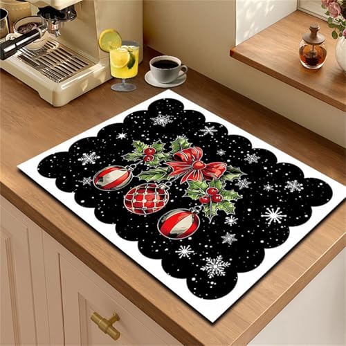 FANSU Schneeflocke Weihnachten Saugfähige Abtropfmatte Geschirr, Rutschfest Geschirrabtropfmatte Kaffeemaschine Unterlage Abtropfmatte Geschirr für Spüle Barmatte (Weihnachtsstechpalme,30x40cm) von FANSU