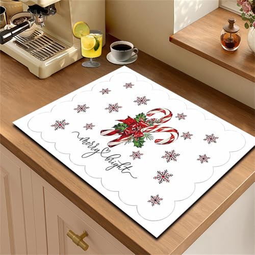 FANSU Schneeflocke Weihnachten Saugfähige Abtropfmatte Geschirr, Rutschfest Geschirrabtropfmatte Kaffeemaschine Unterlage Abtropfmatte Geschirr für Spüle Barmatte (Zuckerstange,50x80cm) von FANSU
