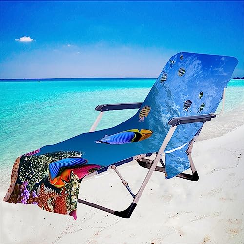 FANSU Schonbezug Für Gartenliege Frottee Liegenauflage Liegestuhl Handtuch mit Taschen Blauer Ozean Strandliegenauflage Weich Strandtuch für Reisen Schwimmen (75x210cm,Meeresfisch) von FANSU