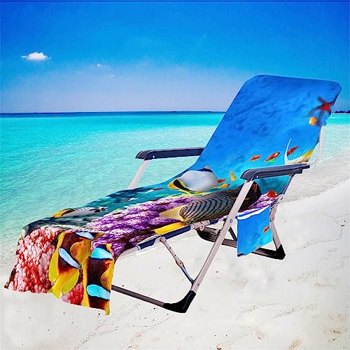 FANSU Schonbezug Für Gartenliege Frottee Liegenauflage Liegestuhl Handtuch mit Taschen Blauer Ozean Strandliegenauflage Weich Strandtuch für Reisen Schwimmen (75x210cm,Tropischer Fisch) von FANSU