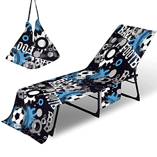 FANSU Schonbezug Für Gartenliege Frottee Liegenauflage Liegestuhl Handtuch mit Taschen Fußball Strandliegenauflage Weich Strandtuch für Reisen Schwimmen (75x210cm,Blauer Fußball) von FANSU