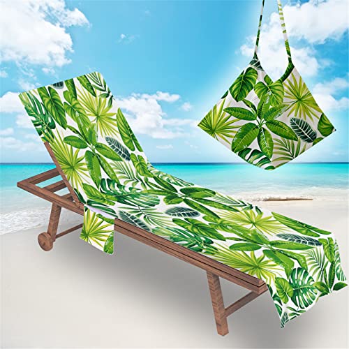 FANSU Schonbezug für Gartenliege, Strandliegenauflage mit Taschen Weich Strandtuch Badetuch Mikrofaser Pool Handtuch für Strand, Reisen, Schwimmen, Outdoor (Grüne Blätter,75x210cm) von FANSU