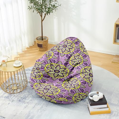 FANSU Sitzsack, 3D-Mandala-Druck Sitzsack Ohne Füllung Waschbar Sitzbeutelabdeckung für Kinder Erwachsene, Aufbewahrung für Textilien, Bekleidung, Plüschtiere (Violett Gelb,100x120cm) von FANSU