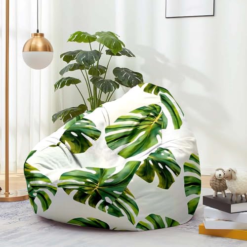 FANSU Sitzsack, 3D-Tropische Blätter Sitzsack Ohne Füllung Waschbar Sitzbeutelabdeckung für Kinder Erwachsene, Aufbewahrung für Textilien, Bekleidung, Plüschtiere (Weiß Grün,70x80cm) von FANSU