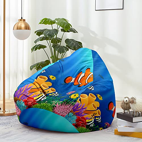 FANSU Sitzsack Waschbar 3D Ozean Welt Sitzsack Ohne Füllung Sitzsäcke für Kinder Erwachsene Sitzsack Outdoor Indoor Stofftier Aufbewahrung mit Reißverschlus (100x120cm,Fisch) von FANSU