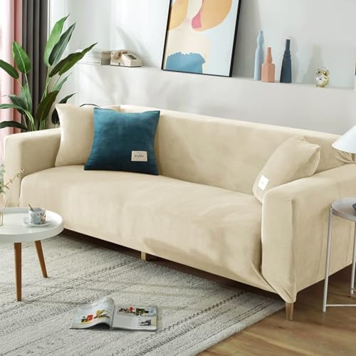 FANSU Sofabezug Stretch 1/2/3/4 Sitzer, Türkis Plüsch Elastische Antirutsch Couchbezug Waschbar Universal Weich Sofaüberwurf für Sofaüberwurf Möbelschutz (4-Seater,Beige) von FANSU