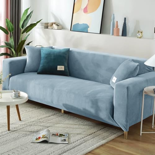 FANSU Sofabezug Stretch 1/2/3/4 Sitzer, Türkis Plüsch Elastische Antirutsch Couchbezug Waschbar Universal Weich Sofaüberwurf für Sofaüberwurf Möbelschutz (4-Seater,Hellblau) von FANSU