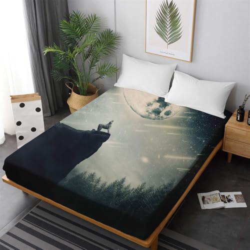 FANSU Spannbettlaken Bettlaken 30cm Extra Tiefe Taschenlaken Weiche Bequem Spannbetttuch für Einzelbett Doppelbett Boxspringbett -3D Wolf Tier (100x200cm,Sternschnuppe) von FANSU