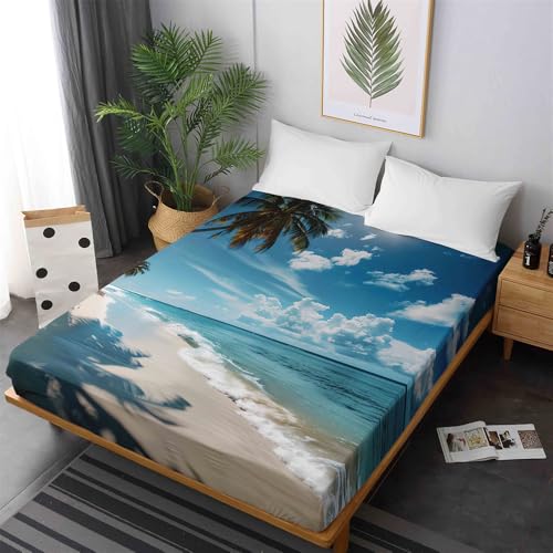 FANSU Spannbettlaken Bettlaken 30cm Extra Tiefe Taschenlaken Weiche Bequem Spannbetttuch für Einzelbett Doppelbett Boxspringbett -Tropisch Palme (140x200cm,Strand) von FANSU