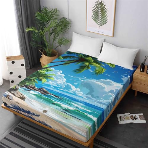 FANSU Spannbettlaken Bettlaken 30cm Extra Tiefe Taschenlaken Weiche Bequem Spannbetttuch für Einzelbett Doppelbett Boxspringbett -Tropisch Palme (180x200cm,Urlaub) von FANSU