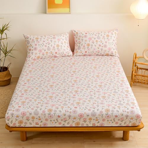 FANSU Spannbettlaken Blume-Druck Bettlaken 30cm Extra Tiefe Taschenlaken Weiche Bequem Spannbetttuch mit 2 Kopfkissenbezügen für Einzelbett Doppelbett (Helles Rosa,180x200cm) von FANSU