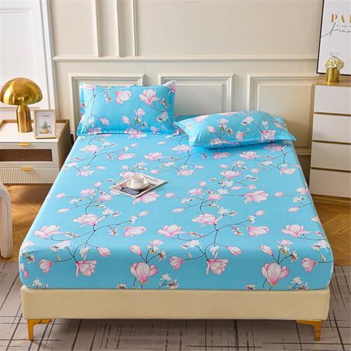 FANSU Spannbettlaken Mikrofaser Blumen Floral Spannbetttücher Elastisch Bettlaken Weiche Spannbetttücher Spannbetttuch Spannleintuch für Boxspringbett, 25cm Tiefe Tasche (Blau,180x200cm) von FANSU