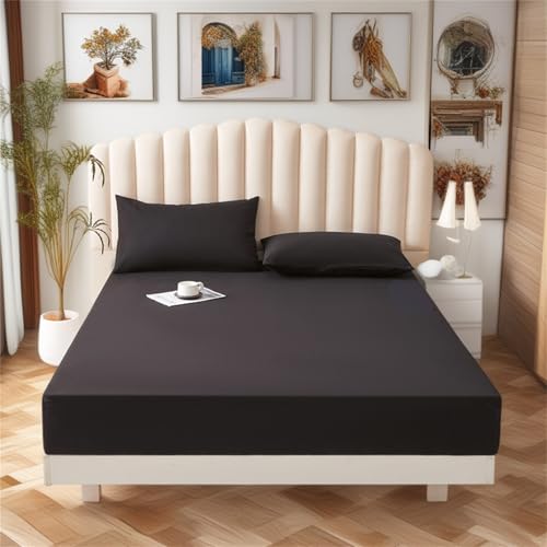 FANSU Spannbettlaken Spannbetttuch Bett, Unifarben Polyester Bettlaken 30cm Extra Tiefe Taschenlaken Weiche Bequem Spannbetttuch für Einzelbett Doppelbett Boxspringbett (schwarz,100x200+30cm) von FANSU