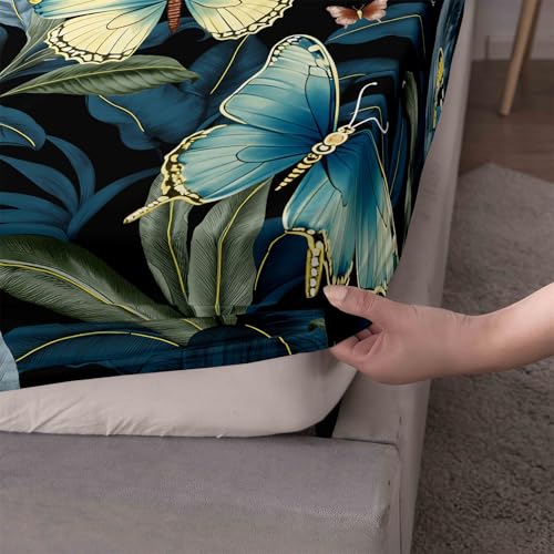 FANSU Spannbettlaken Spannbetttuch Bett,Polyester Bettlaken 30cm Extra Tiefe Taschenlaken Weiche Bequem Spannbetttuch für Einzelbett Doppelbett Boxspringbett (Blauer Schmetterling,180x200+30cm) von FANSU