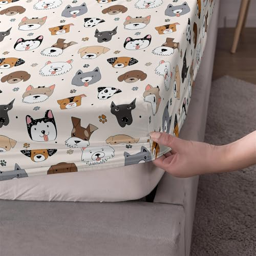 FANSU Spannbettlaken mit Tiermotiv Polyester Bettlaken 30cm Extra Tiefe Taschenlaken Weiche Bequem Spannbetttuch für Einzelbett Doppelbett Boxspringbett (100x200+30cm,Cartoon-Hund) von FANSU