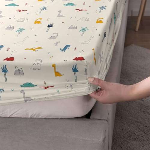 FANSU Spannbettlaken mit Tiermotiv Polyester Bettlaken 30cm Extra Tiefe Taschenlaken Weiche Bequem Spannbetttuch für Einzelbett Doppelbett Boxspringbett (100x200+30cm,Dinosaurierwelt) von FANSU