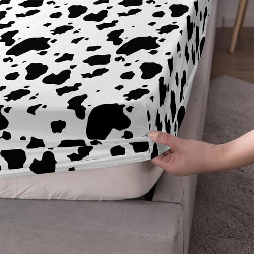 FANSU Spannbettlaken mit Tiermotiv Polyester Bettlaken 30cm Extra Tiefe Taschenlaken Weiche Bequem Spannbetttuch für Einzelbett Doppelbett Boxspringbett (80x200+30cm,Kuhmuster) von FANSU