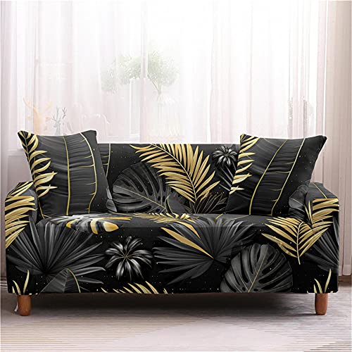 FANSU Stretch Antirutsch Sofabezug mit Armlehnen, Tropische Palmblatt Bedruckte Sofabezug, L Form Sofabezug/Couchbezug/Sesselbezug für Wohnzimmer Wohnkultur (Schwarzes Gold,2 Sitzer) von FANSU