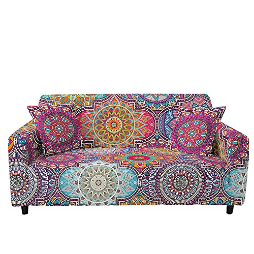 FANSU Stretch Sofabezug mit Armlehnen, Vintage Mandala Blumen Bedruckter Antirutsch Sofabezug Modern Haus Dekoration, L Form Sofabezug/Couchbezug/Sesselbezug (Bunt,1 Sitzer) von FANSU