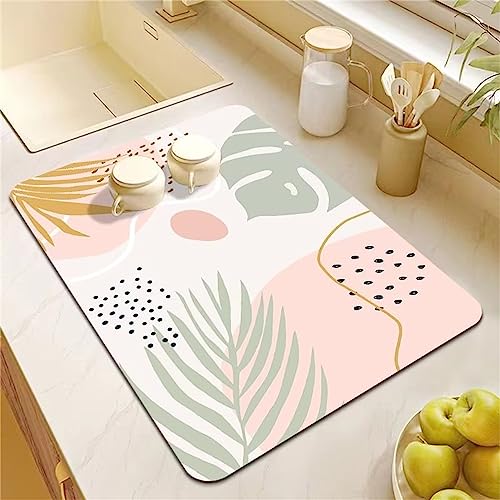 FANSU Super Saugfähig Abtropfmatte für die Küche, Blume Muster GeschirrAbtropfmatte rutschfest Kaffeemaschine Unterlage Abtropfmatte für Spüle für Restaurant Café (30x50cm,Grüne Blätter) von FANSU