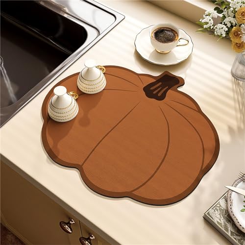 FANSU Super Saugfähige Abtropfmatte für die Küche,Obst Muster Mandarine/Kürbis/Persimmon Form rutschfest Geschirr Abtropfmatte Kaffeemaschine Unterlage für Bar Café Theke (40x50cm,Kaffeefarbe) von FANSU