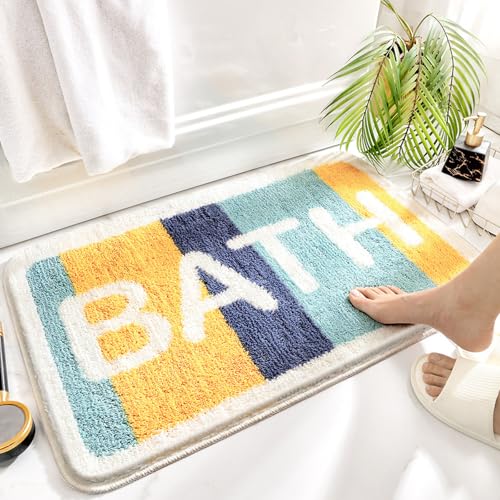 FANSU Teppich rutschfeste Weiche Badezimmerteppich, Teppich Wohnzimmer Rechteck Badematte Maschinenwaschbar Fussmatte für Badezimmer, Wohnzimmer (50x80cm,Blau Gelb) von FANSU