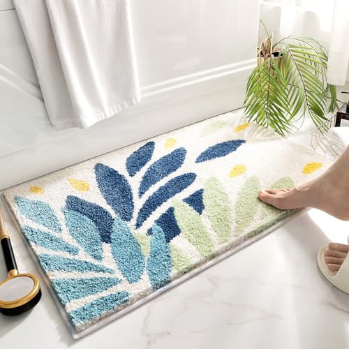 FANSU Teppich rutschfeste Weiche Badezimmerteppich, Teppich Wohnzimmer Rechteck Badematte Maschinenwaschbar Fussmatte für Badezimmer, Wohnzimmer (80x120cm,Blaues Blatt) von FANSU