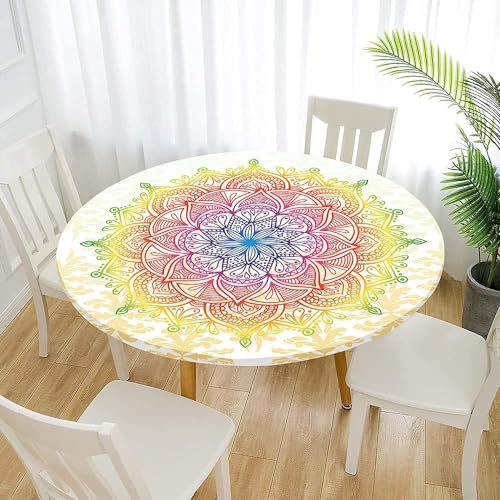 FANSU Tischdecke Abwaschbar Rund 70cm, Mandala Elastisch Rund Outdoor Tischdecken Modern Wasserdicht Fleckschutz Tische Gartentischdecke für Küche, Ideal für 50cm-60cm von FANSU