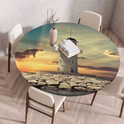FANSU Tischdecke Outdoor Wetterfest Rund mit Gummizug, Rund Tischdecke mit 3D Muster Waschbar und Abwischbar für Esstisch, Couchtisch, Gartentisch Geeignet (130cm,Leuchtturm) von FANSU