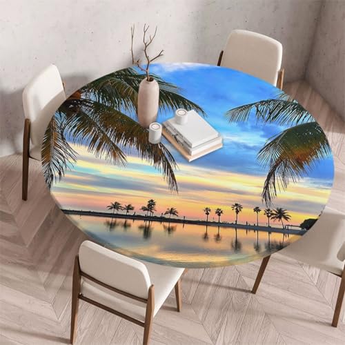 FANSU Tischdecke Outdoor Wetterfest Rund mit Gummizug, Rund Tischdecke mit 3D Muster Waschbar und Abwischbar für Esstisch, Couchtisch, Gartentisch Geeignet (150cm,Sonnenaufgang) von FANSU