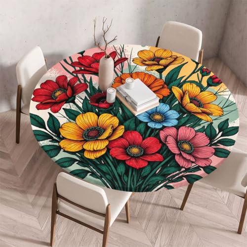 FANSU Tischdecke Outdoor Wetterfest Rund mit Gummizug, Rund Tischdecke mit 3D Muster Waschbar und Abwischbar für Esstisch, Couchtisch, Gartentisch Geeignet (Blumenstil B,110cm) von FANSU