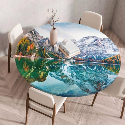 FANSU Tischdecke Outdoor Wetterfest Rund mit Gummizug, Rund Tischdecke mit 3D Muster Waschbar und Abwischbar für Esstisch, Couchtisch, Gartentisch Geeignet (Gletschersee,120cm) von FANSU