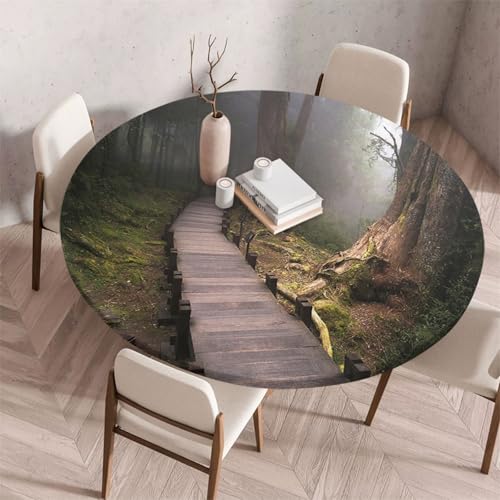 FANSU Tischdecke Outdoor Wetterfest Rund mit Gummizug, Rund Tischdecke mit 3D Muster Waschbar und Abwischbar für Esstisch, Couchtisch, Gartentisch Geeignet (Holzleiter,80cm) von FANSU