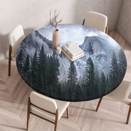 FANSU Tischdecke Outdoor Wetterfest Rund mit Gummizug, Rund Tischdecke mit 3D Muster Waschbar und Abwischbar für Esstisch, Couchtisch, Gartentisch Geeignet (Nebelberg,90cm) von FANSU
