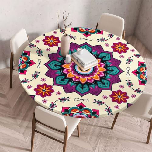 FANSU Tischdecke Outdoor Wetterfest Rund mit Gummizug, Rund Tischdecke mit 3D Muster Waschbar und Abwischbar für Esstisch, Couchtisch, Gartentisch Geeignet (Retro-Stil 12,150cm) von FANSU