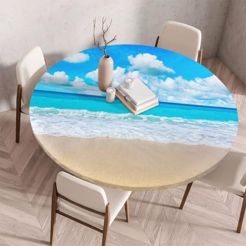 FANSU Tischdecke Outdoor Wetterfest Rund mit Gummizug, Rund Tischdecke mit 3D Muster Waschbar und Abwischbar für Esstisch, Couchtisch, Gartentisch Geeignet (Seeblaues Meer,120cm) von FANSU