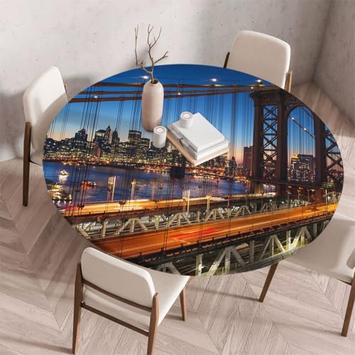 FANSU Tischdecke Outdoor Wetterfest Rund mit Gummizug, Rund Tischdecke mit 3D Muster Waschbar und Abwischbar für Esstisch, Couchtisch, Gartentisch Geeignet (Stadtbrücke,80cm) von FANSU