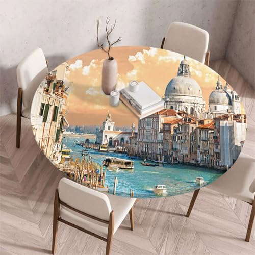 FANSU Tischdecke Outdoor Wetterfest Rund mit Gummizug, Rund Tischdecke mit 3D Muster Waschbar und Abwischbar für Esstisch, Couchtisch, Gartentisch Geeignet (Wasserstadt,90cm) von FANSU