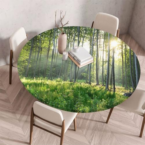 FANSU Tischdecke Outdoor Wetterfest Rund mit Gummizug, Rund Tischdecke mit 3D Muster Waschbar und Abwischbar für Esstisch, Couchtisch, Gartentisch Geeignet (Wiesenbaum,60cm) von FANSU