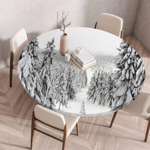 FANSU Tischdecke Outdoor Wetterfest Rund mit Gummizug, Rund Tischdecke mit 3D Muster Waschbar und Abwischbar für Esstisch, Couchtisch, Gartentisch Geeignet (Winterwald-Print,100cm) von FANSU