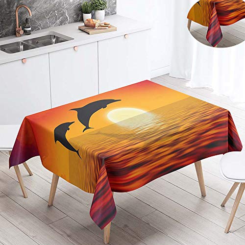 FANSU Tischdecke Wasserdicht Tischwäsche, Rechteckige Wasserabweisend Abwaschbar 3D Delfin Tischtuch Draussen Küchentischabdeckung für Outdoor Garten Küche Dekoration (Goldene Sonne,100x140cm) von FANSU