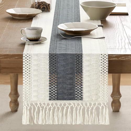 FANSU Tischläufer Herbst Dekoration, Extra Lang mit Quasten Tischdecke, Waschbarer Tischdeko, Modern Hollow Tischläufer für Party,Kaffee,Esszimmer,Kommode,Schlafzimmer (Grau,30x240cm) von FANSU