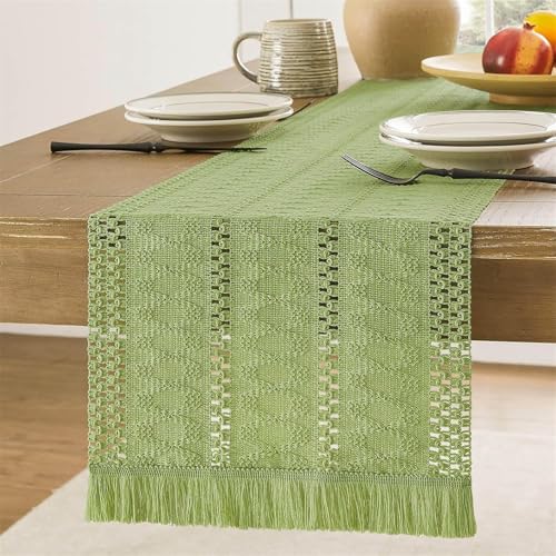 FANSU Tischläufer Herbst Dekoration, Weberei mit Quasten Tischdecke, Waschbarer Tischdeko, Extra Lang Modern Tischläufer für Party,Kaffee,Esszimmer,Kommode,Schlafzimmer (30x220cm,Grün) von FANSU