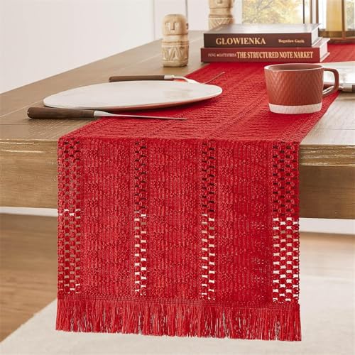 FANSU Tischläufer Herbst Dekoration, Weberei mit Quasten Tischdecke, Waschbarer Tischdeko, Extra Lang Modern Tischläufer für Party,Kaffee,Esszimmer,Kommode,Schlafzimmer (30x220cm,Rot) von FANSU